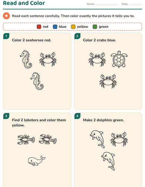 Preview of Read and Color worksheet featuring Sea Life BW for grade 1