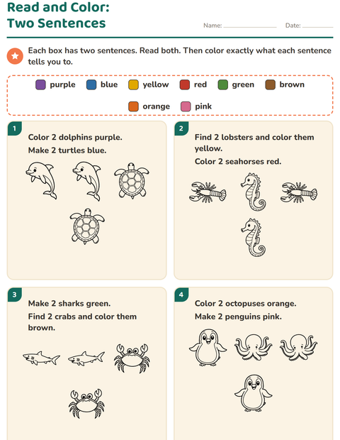 Preview of Read and Color worksheet featuring Sea Life BW for grade 1