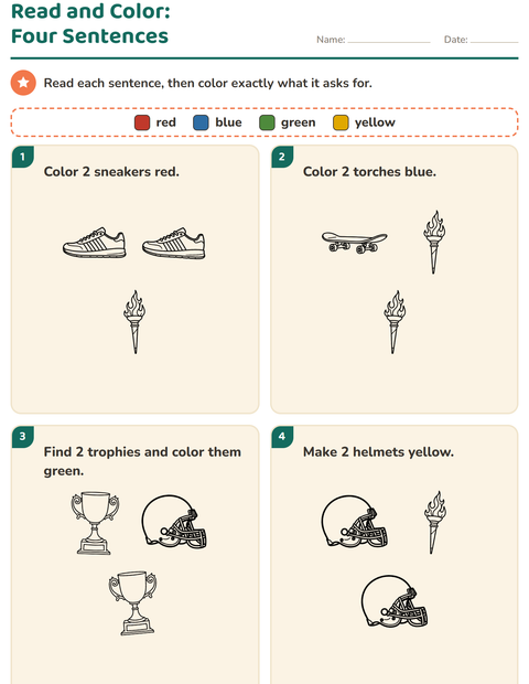 Preview of Read and Color worksheet featuring Sports BW 2 for grade 1