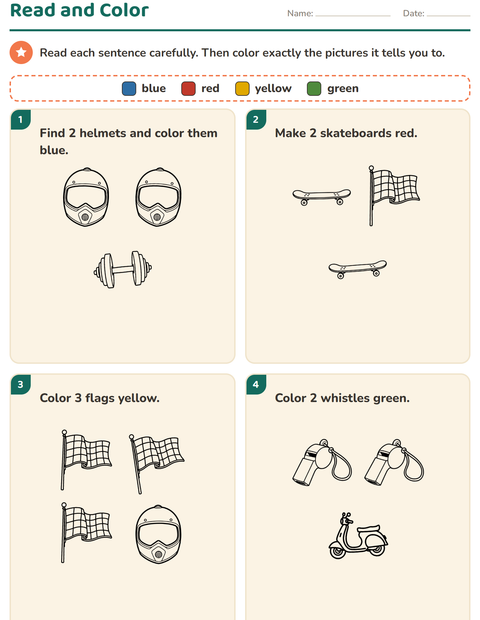 Preview of Read and Color worksheet featuring Sports BW for grade 1