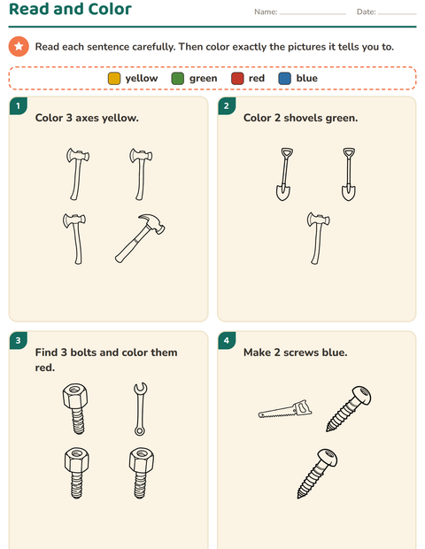 Preview of Read and Color worksheet featuring Tools BW for grade 1
