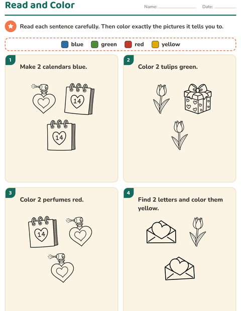 Preview of Read and Color worksheet featuring Valentine BW 2 for grade 1