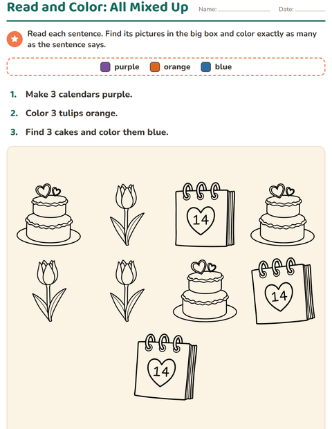 Preview of Read and Color worksheet featuring Valentine BW 2 for grade 1