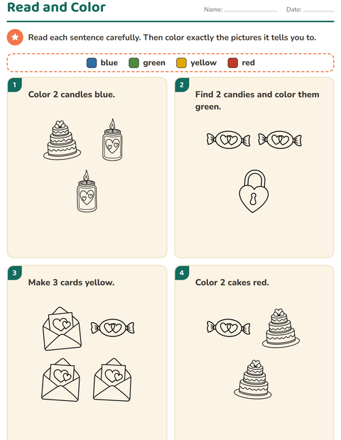 Preview of Read and Color worksheet featuring Valentine BW for grade 1