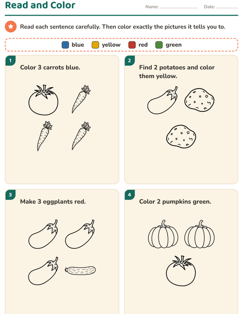 Preview of Read and Color worksheet featuring Vegetables BW for grade 1