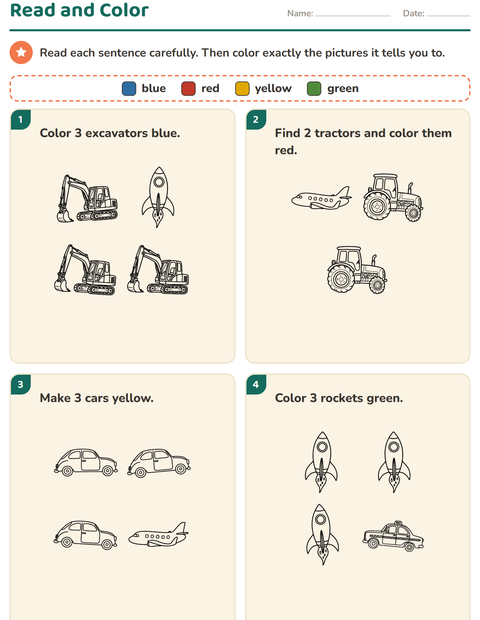 Preview of Read and Color worksheet featuring Vehicles BW 2 for grade 1
