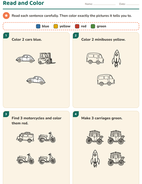 Preview of Read and Color worksheet featuring Vehicles BW 3 for grade 1