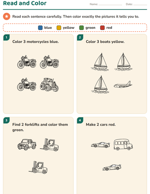 Preview of Read and Color worksheet featuring Vehicles BW for grade 1