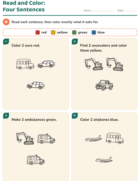 Preview of Read and Color worksheet featuring Vehicles BW for grade 1