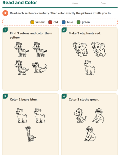 Preview of Read and Color worksheet featuring Zoo Animals BW for grade 1