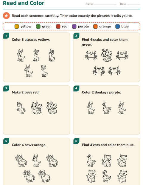 Preview of Read and Color worksheet featuring Farm Animals BW for grade 1