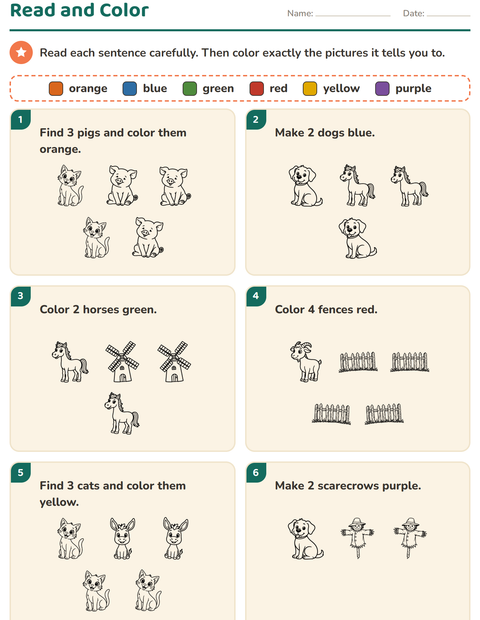 Preview of Read and Color worksheet featuring Farm BW for grade 1