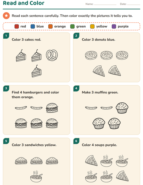 Preview of Read and Color worksheet featuring Food BW 2 for grade 1