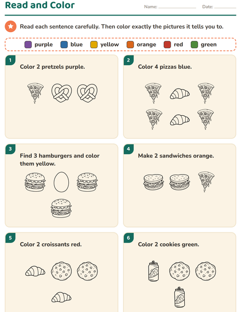 Preview of Read and Color worksheet featuring Food BW 3 for grade 1