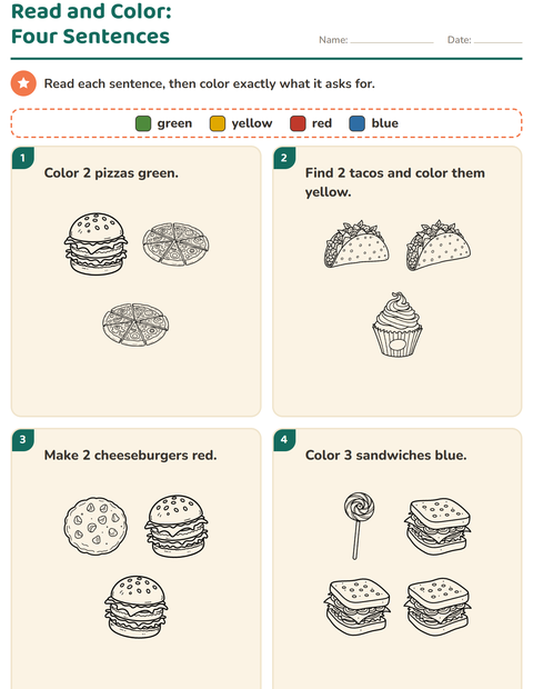 Preview of Read and Color worksheet featuring Food BW for grade 1