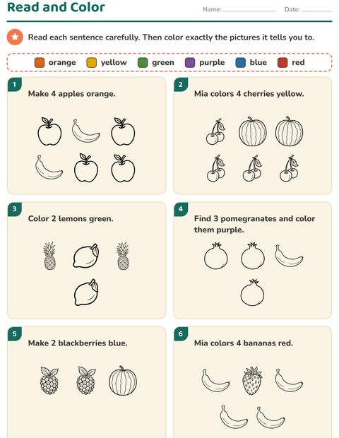 Read and Color: Read the Sentence, Color the Right Fruits
