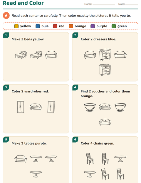 Preview of Read and Color worksheet featuring Furniture BW for grade 1