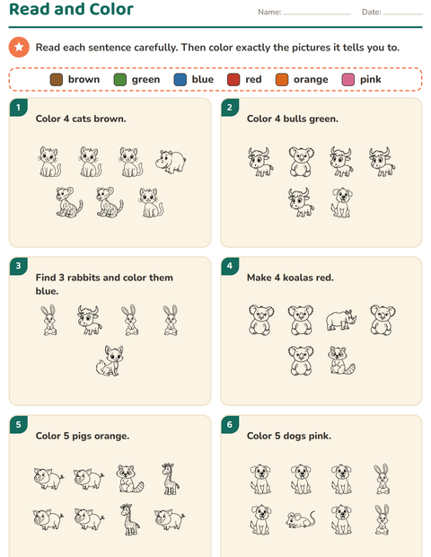 Preview of Read and Color worksheet featuring Animals BW 2 for grade 1