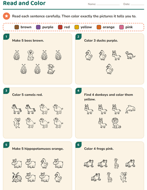 Preview of Read and Color worksheet featuring Animals BW 3 for grade 1