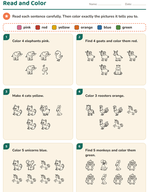 Preview of Read and Color worksheet featuring Animals BW 4 for grade 1