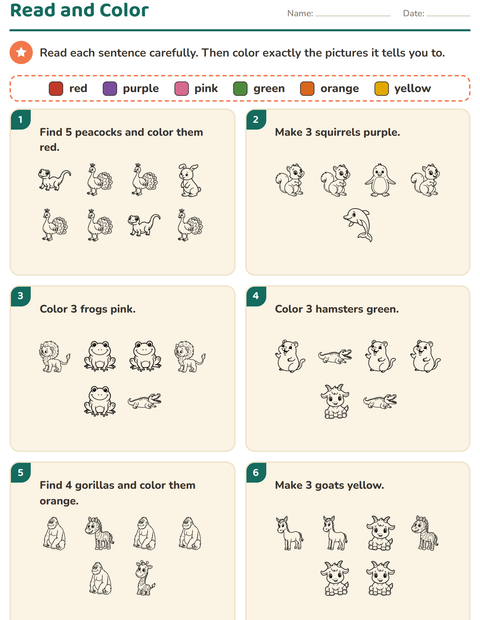 Preview of Read and Color worksheet featuring Animals BW 5 for grade 1