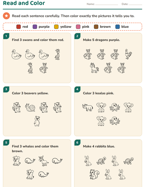 Preview of Read and Color worksheet featuring Animals BW for grade 1