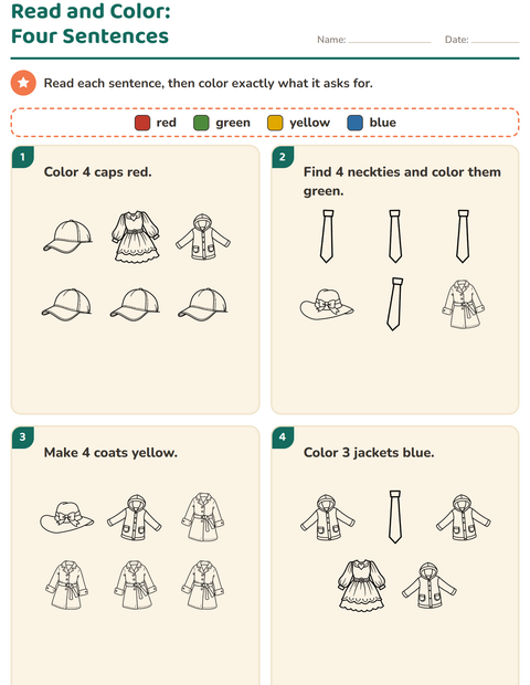 Preview of Read and Color worksheet featuring Apparel BW for grade 1