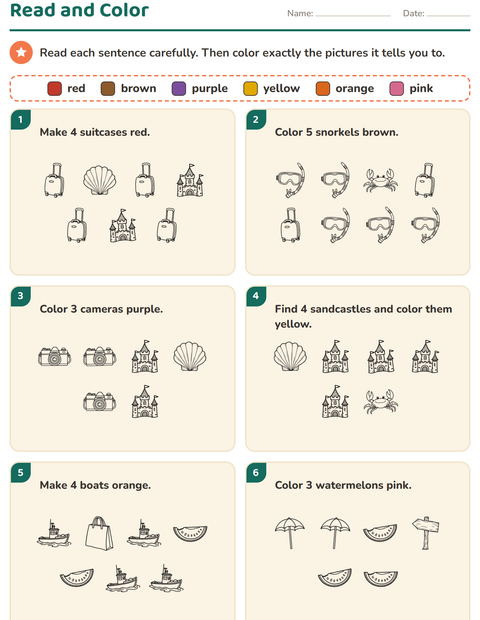 Preview of Read and Color worksheet featuring Beach BW 2 for grade 1