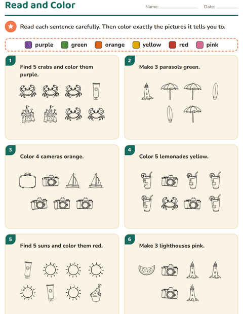 Preview of Read and Color worksheet featuring Beach BW for grade 1