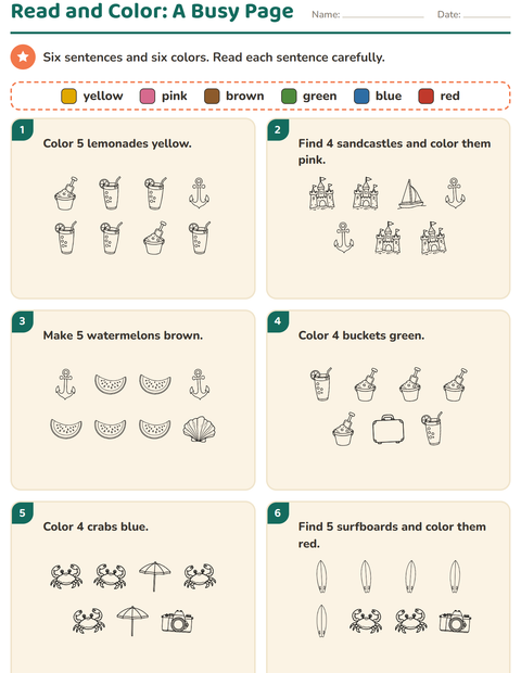 Preview of Read and Color worksheet featuring Beach BW for grade 1