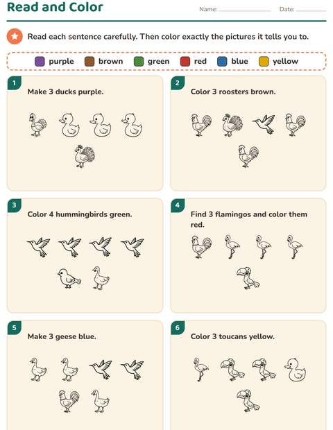 Preview of Read and Color worksheet featuring Birds BW 2 for grade 1