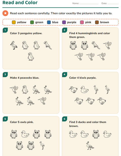Preview of Read and Color worksheet featuring Birds BW for grade 1