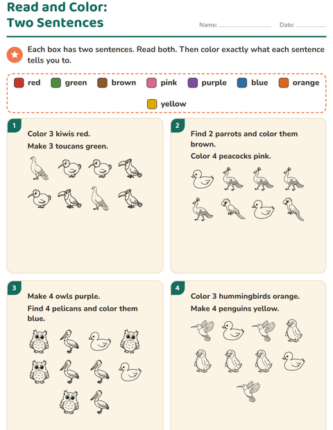 Preview of Read and Color worksheet featuring Birds BW for grade 1