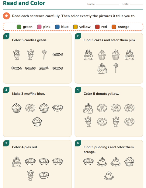 Preview of Read and Color worksheet featuring Dessert (B&W) for grade 1