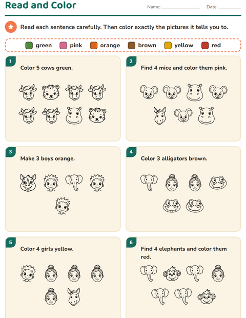 Preview of Read and Color worksheet featuring Faces BW for grade 1