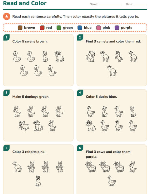 Preview of Read and Color worksheet featuring Farm Animals BW for grade 1