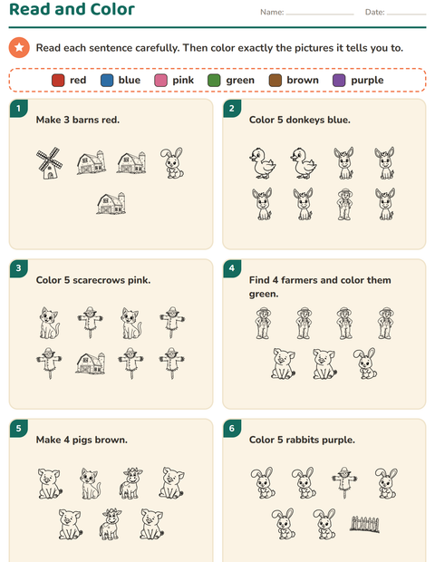 Preview of Read and Color worksheet featuring Farm BW for grade 1