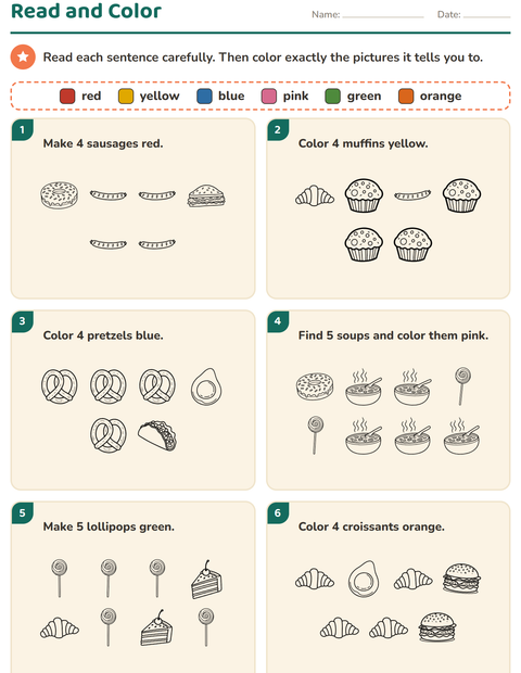 Preview of Read and Color worksheet featuring Food BW 2 for grade 1