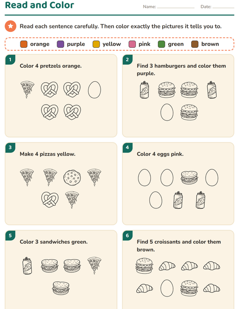Preview of Read and Color worksheet featuring Food BW 3 for grade 1