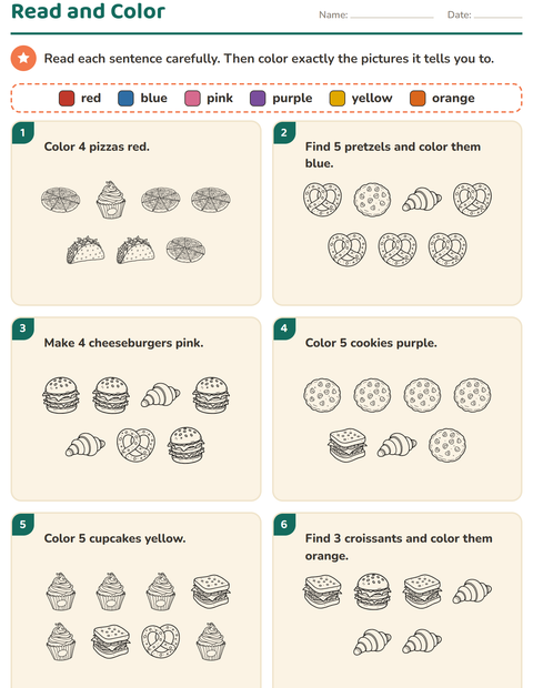 Preview of Read and Color worksheet featuring Food BW for grade 1