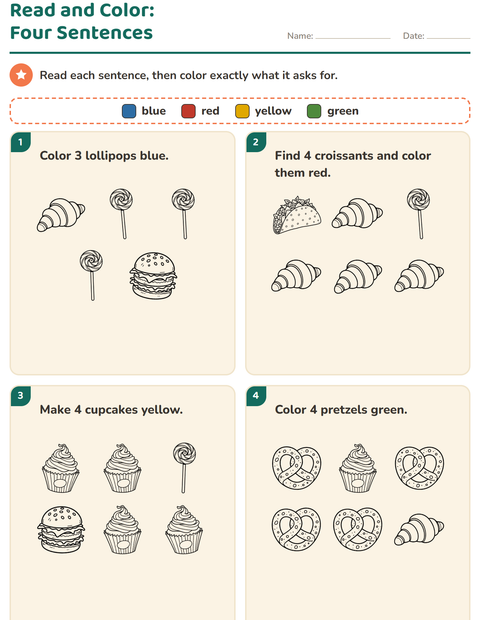 Preview of Read and Color worksheet featuring Food BW for grade 1