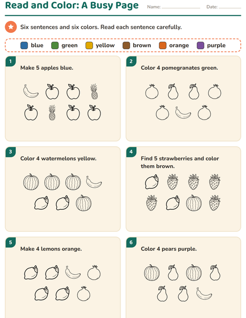 Preview of Read and Color worksheet featuring Fruits BW for grade 1