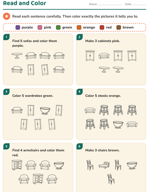 Preview of Read and Color worksheet featuring Furniture BW for grade 1