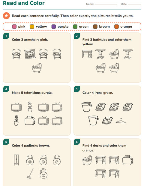 Preview of Read and Color worksheet featuring Home BW 2 for grade 1
