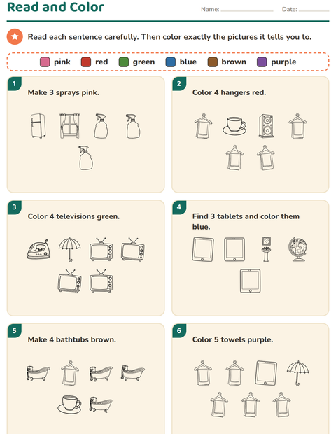 Preview of Read and Color worksheet featuring Household BW for grade 1