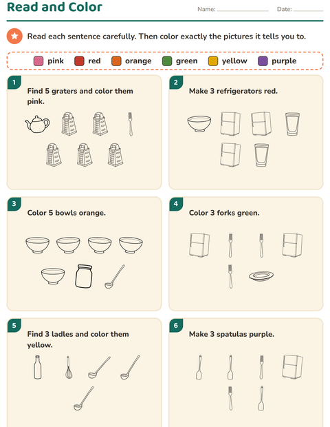 Preview of Read and Color worksheet featuring Kitchen BW for grade 1