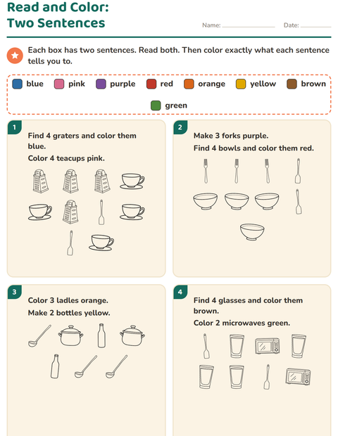 Preview of Read and Color worksheet featuring Kitchen BW for grade 1