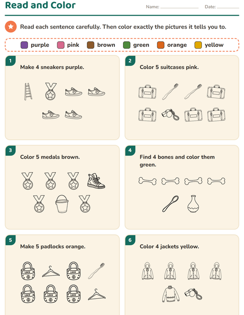 Preview of Read and Color worksheet featuring Objects BW for grade 1