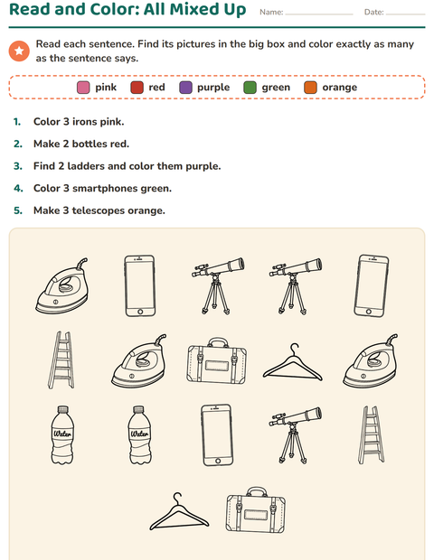 Preview of Read and Color worksheet featuring Objects BW for grade 1