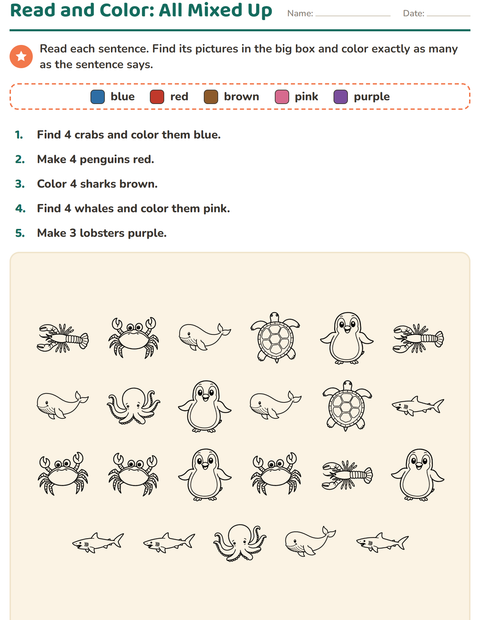 Preview of Read and Color worksheet featuring Sea Life BW for grade 1